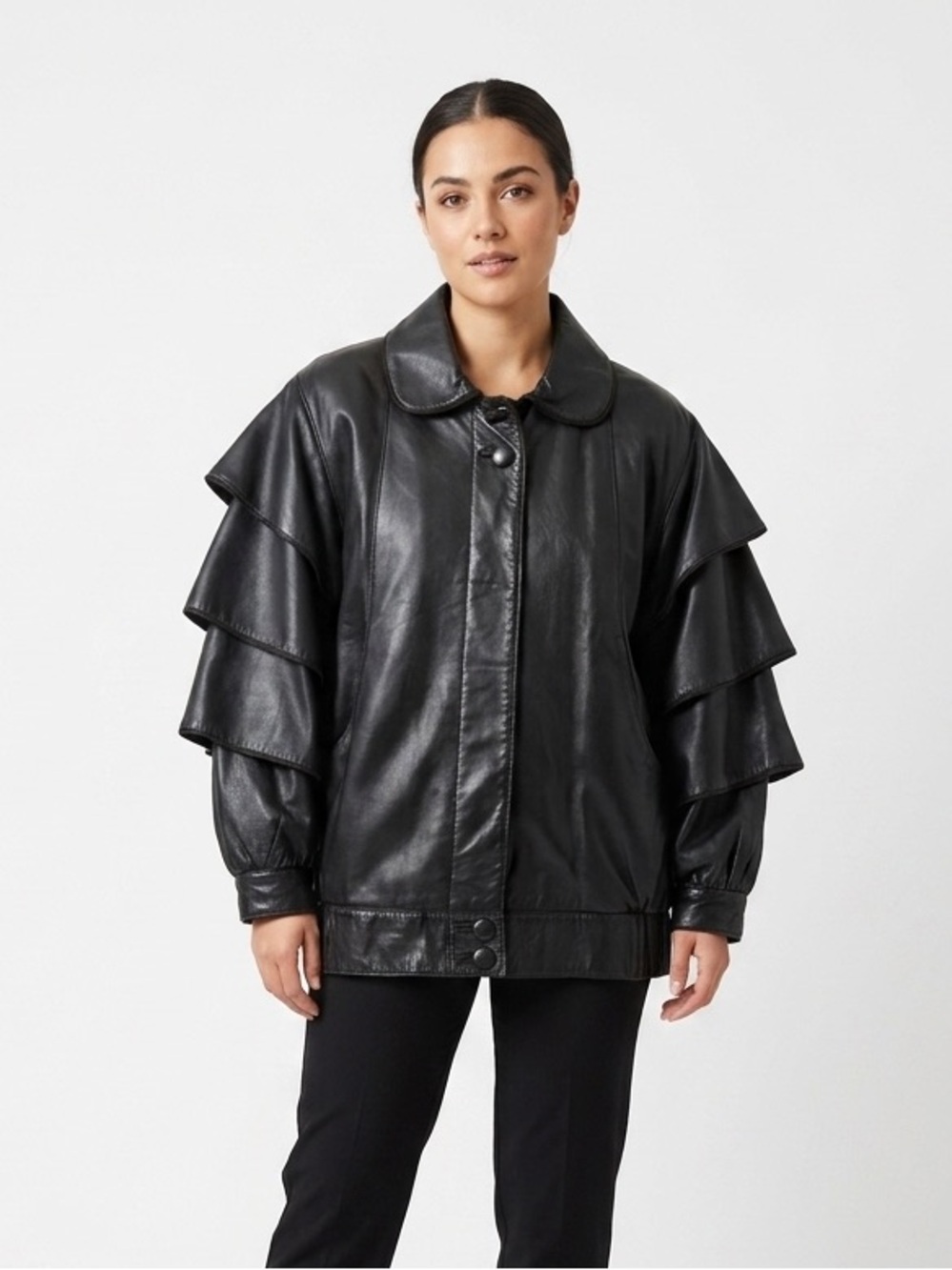 Vintage Black Leather Ruffle Sleeve Jacket Avant Garde Statement Coat Size 6